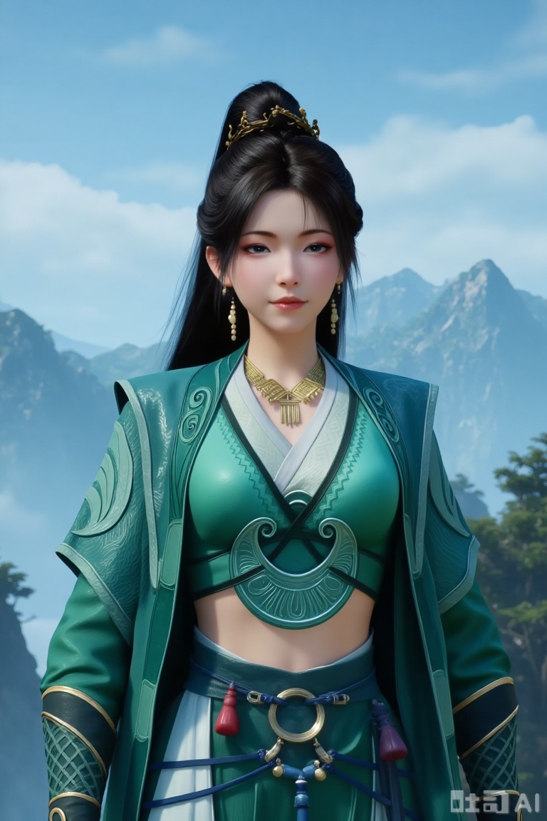 1girl

solo

long hair

black hair

hair ornament

dress

jewelry

ponytail

outdoors

sky

necklace


chinese clothes


green dress

mountain

mpl,3d_character_mpl