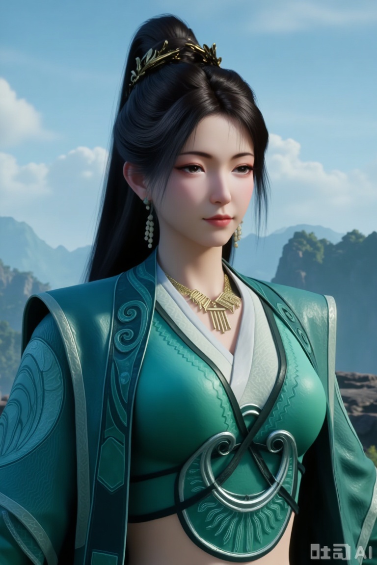1girl

solo

long hair

black hair

hair ornament

dress

jewelry

ponytail

outdoors

sky

necklace


chinese clothes


green dress

mountain

mpl,3d_character_mpl