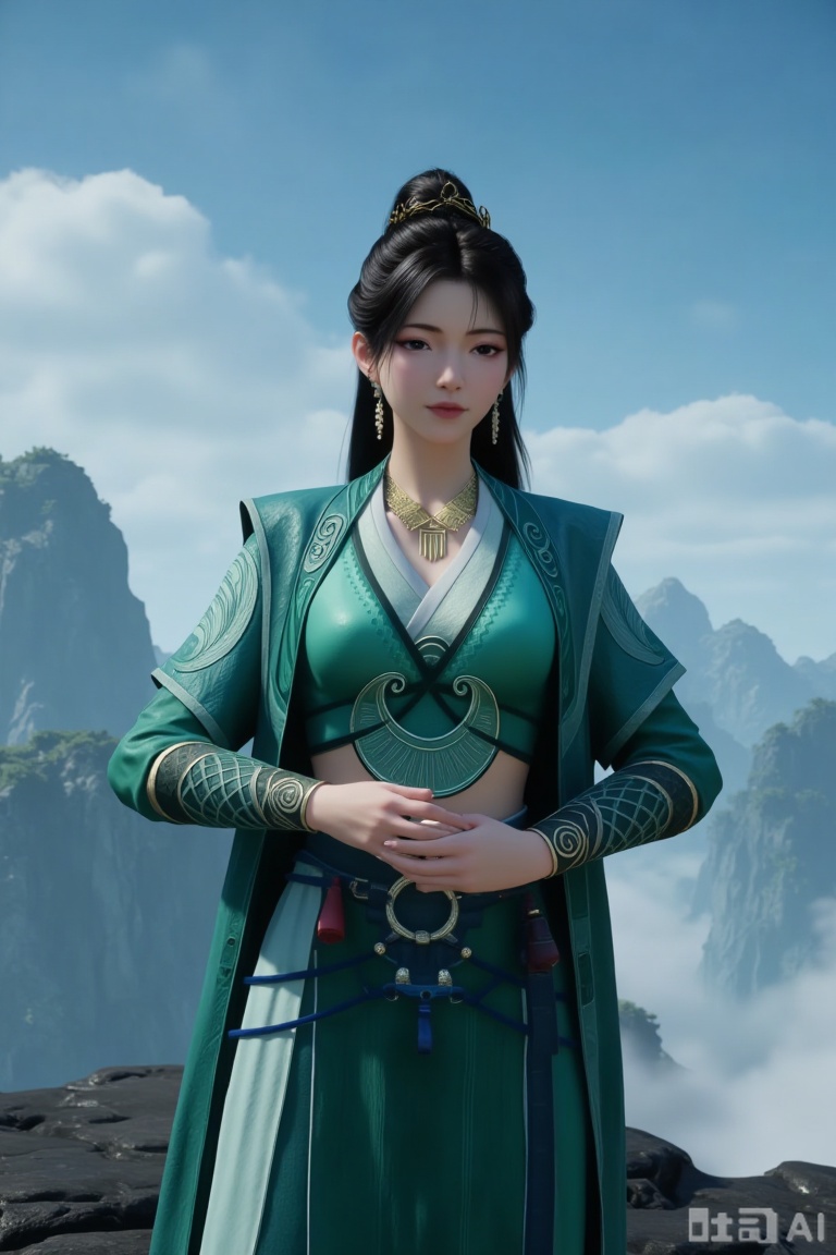 1girl

solo

long hair

black hair

hair ornament

dress

jewelry

ponytail

outdoors

sky

necklace


chinese clothes


green dress

mountain

mpl,3d_character_mpl