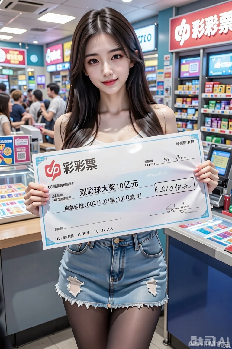 一个女孩,身穿时尚性感的短裙,自信地站在一家彩票店里,手里拿着一张巨大的模拟支票,上面写着“双彩球大奖10亿元”。她对着镜头微笑,周围是彩票展示和兴奋的顾客。超逼真的灯光,8K 细节。
