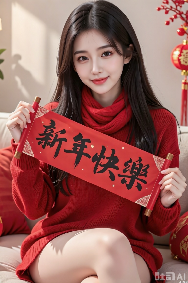 1 个女孩,美女,五官精致秀丽甜美,黑色长发,穿红色毛衣,全身,坐在沙发上,红色围巾,新年喜庆氛围,手拿一个新年快乐的红色横幅上用书法写着“新年快乐”四个大字,正面照,微笑,丁达尔光影,细节描写细致,精美,写实摄影,32K,大师级构图,
