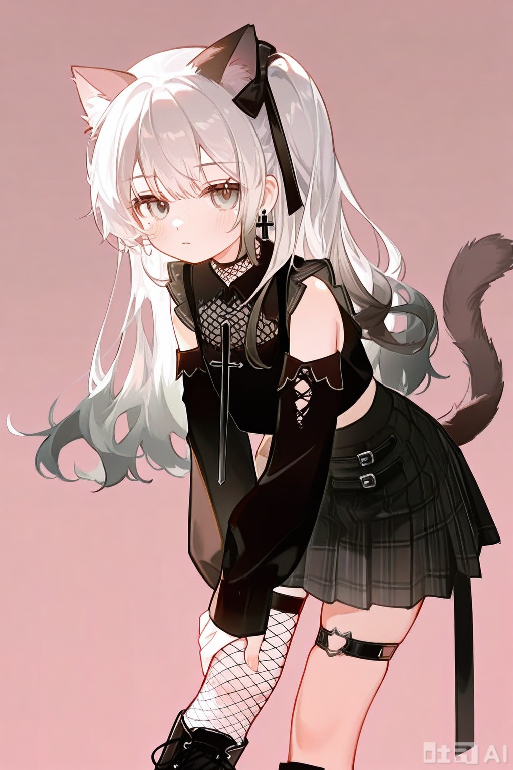 1girl, animal ears, black boots, black shirt, black skirt, boots, cat ears, cat girl, cat tail, cross, cross earrings, detached sleeves, earrings, expressionless, fishnets, gradient hair, grey eyes, grey hair, hand on own knee, jewelry, leaning forward, long hair, long sleeves, looking at viewer, miniskirt, multicolored hair, one side up, over-kneehighs, plaid clothes, plaid skirt, pleated skirt, shirt, simple background, single over-kneehigh, single thighhigh, skirt, tail, thigh strap, thighhighs, torn clothes, white background, white hair