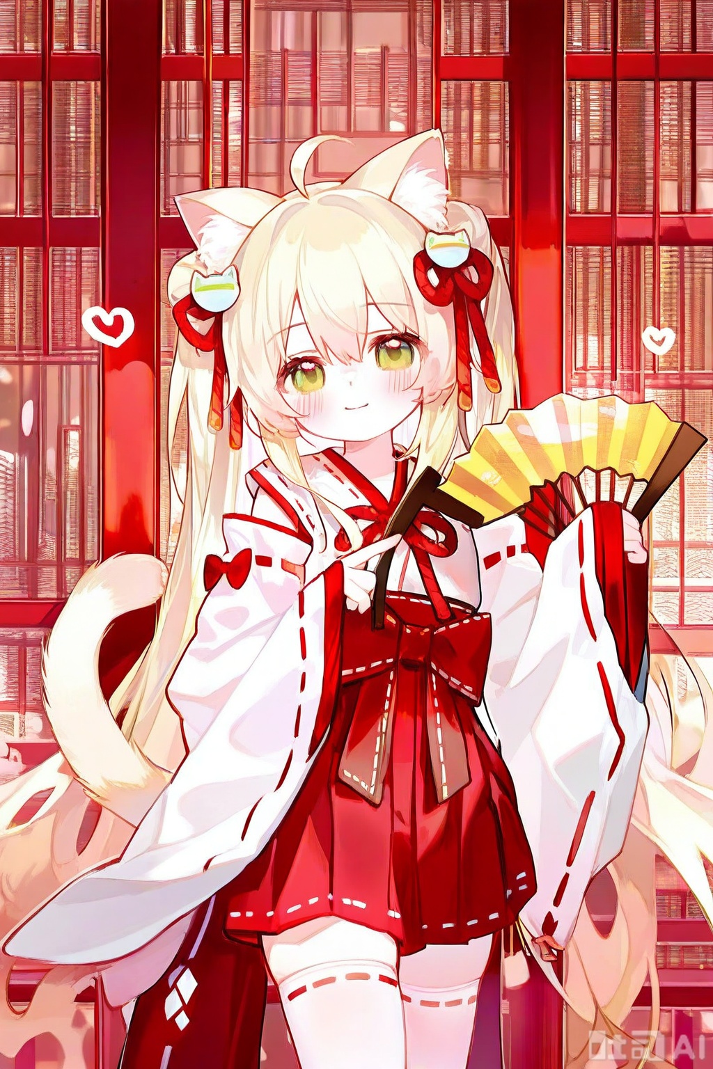 1girl, ahoge, animal ear fluff, animal ears, blonde hair, blush, bow, cat ears, cat girl, cat tail, closed mouth, cowboy shot, detached sleeves, folding fan, green eyes, hair between eyes, hair ornament, hakama, hakama skirt, hand fan, head tilt, heart, heart-shaped pupils, holding, holding fan, japanese clothes, long hair, long sleeves, looking at viewer, red skirt, ribbon-trimmed sleeves, ribbon trim, skirt, sleeves past wrists, smile, solo, symbol-shaped pupils, tail, thighhighs, very long hair, white background, white sleeves, white thighhighs, wide sleeves, zoom layer