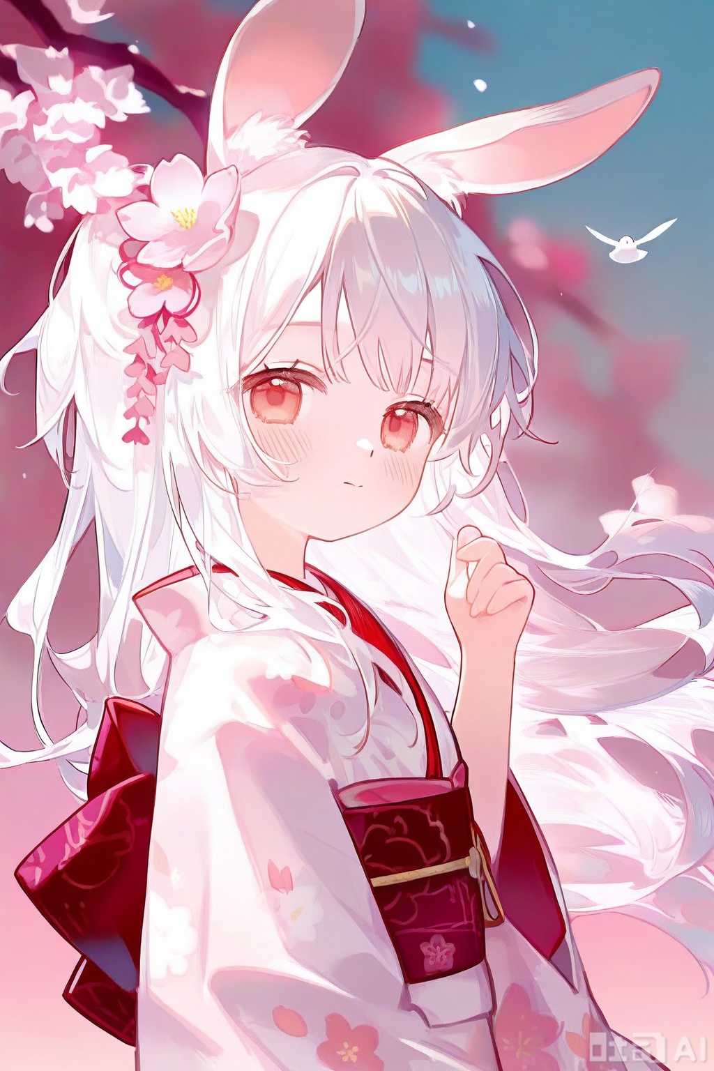 1girl, solo, long hair, looking at viewer, blush, bangs, hair ornament, red eyes, long sleeves, bow, animal ears, closed mouth, upper body, flower, white hair, japanese clothes, hand up, hair flower, wide sleeves, pink eyes, kimono, rabbit ears, from side, sash, floating hair, bird, obi, floral print, cherry blossoms, pink flower, white kimono, branch, print kimono
