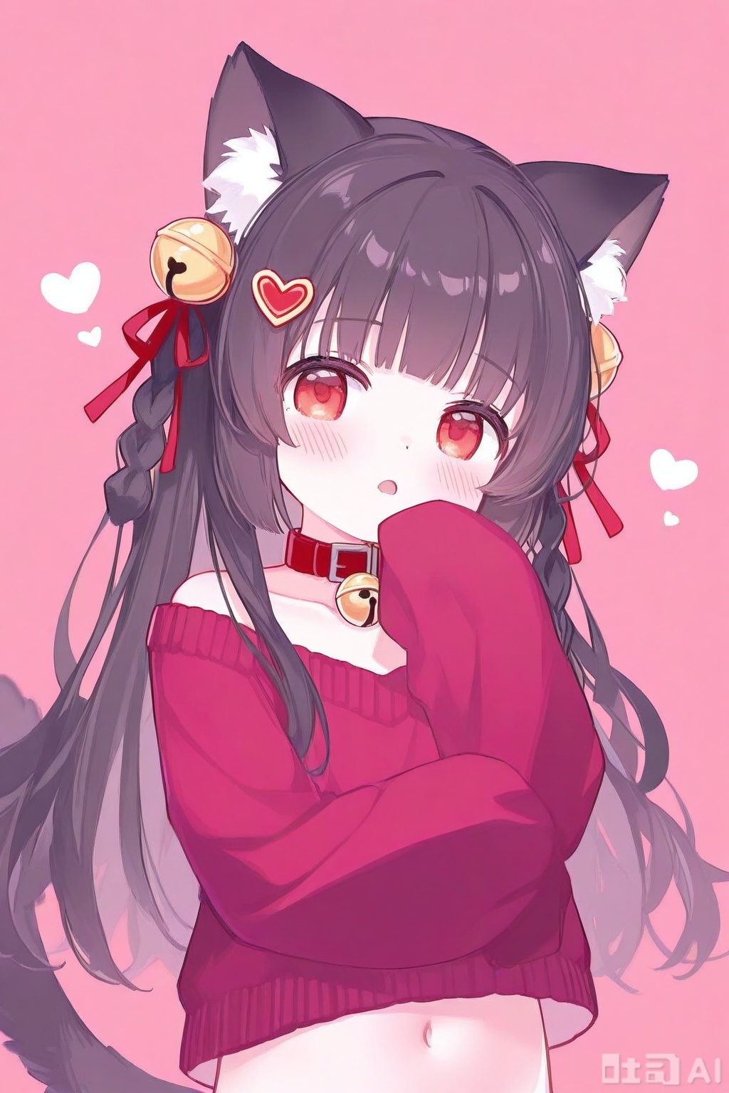 loli 1girl solo long hair looking at viewer blush bangs simple background black hair hair ornament red eyes ribbon animal ears tail hair ribbon upper body braid heart parted lips cat ears blunt bangs :o collar red ribbon cat tail animal ear fluff sleeves past wrists bell pink background cat girl jingle bell red background neck bell sleeves past fingers red collar Collarbone navel wearing a red sweater with a ruffled design good work (best quality) illustration depth of field (color) masterpiece best quality petite cute loli kawaii

