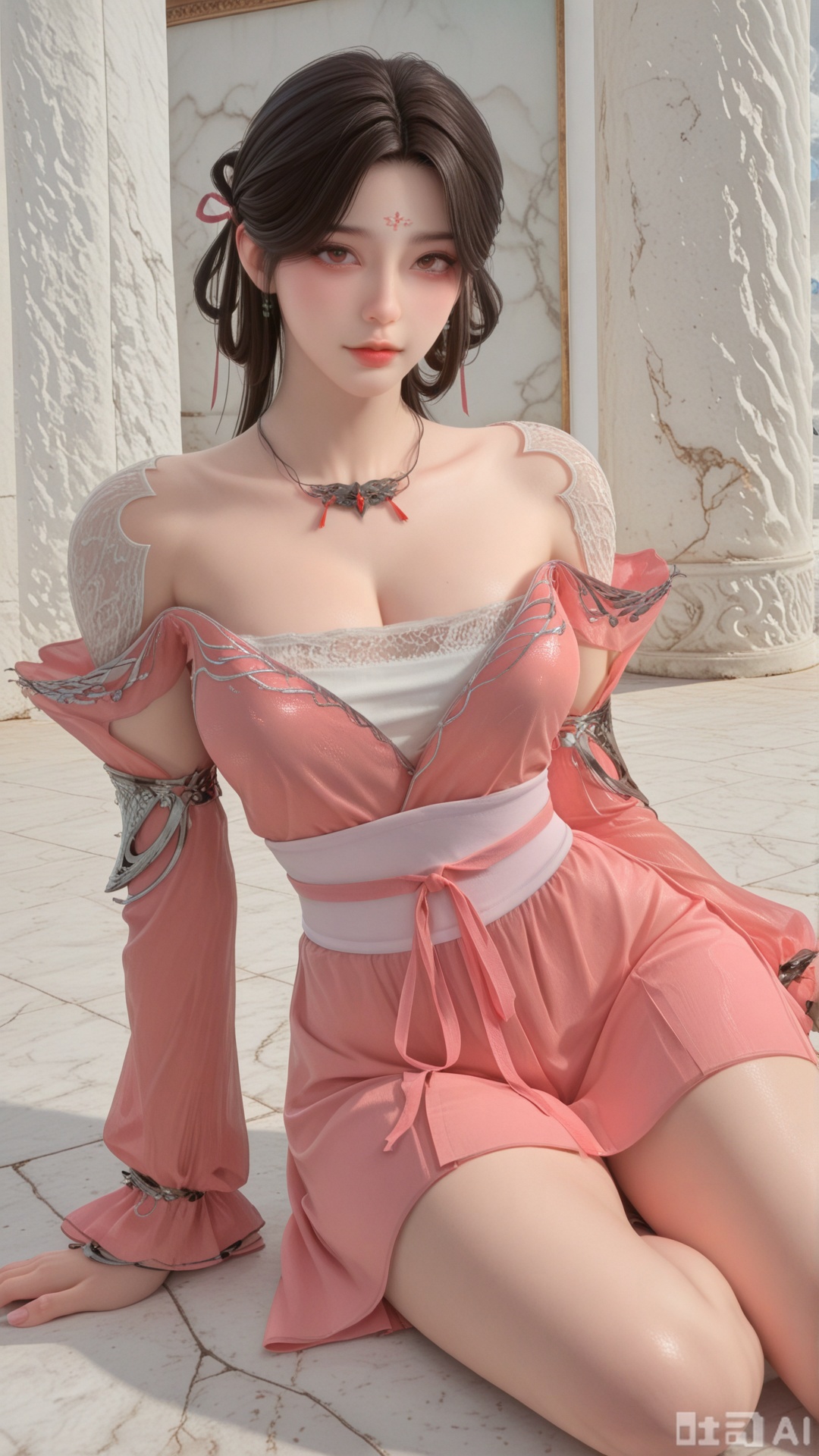 1girl, solo, xy clothes, exquisite skin, yokozuwari, shoes, looking at viewer, even illumination, very awa, Solid Glossy and cloud background,