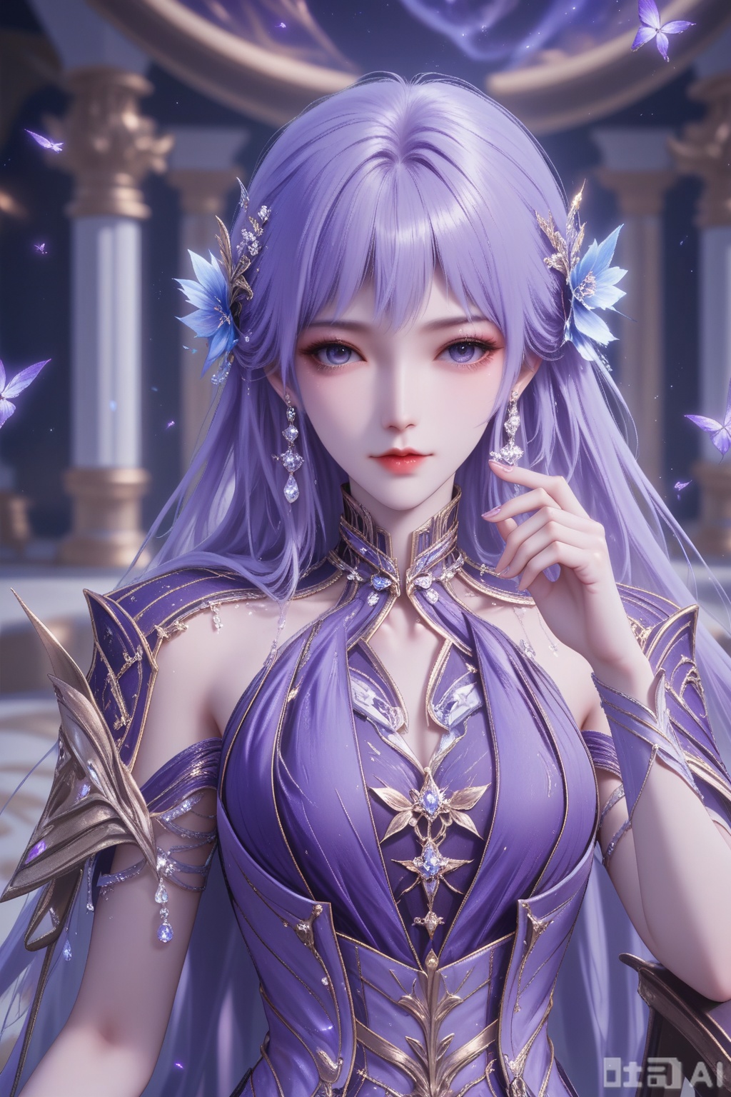 score_9,score_8_up,1girl, solo, long hair, looking at viewer, blue eyes, hair ornament, dress, jewelry, earrings, purple dress,Purple hair,Lavender hair,White hair,圣彩儿,