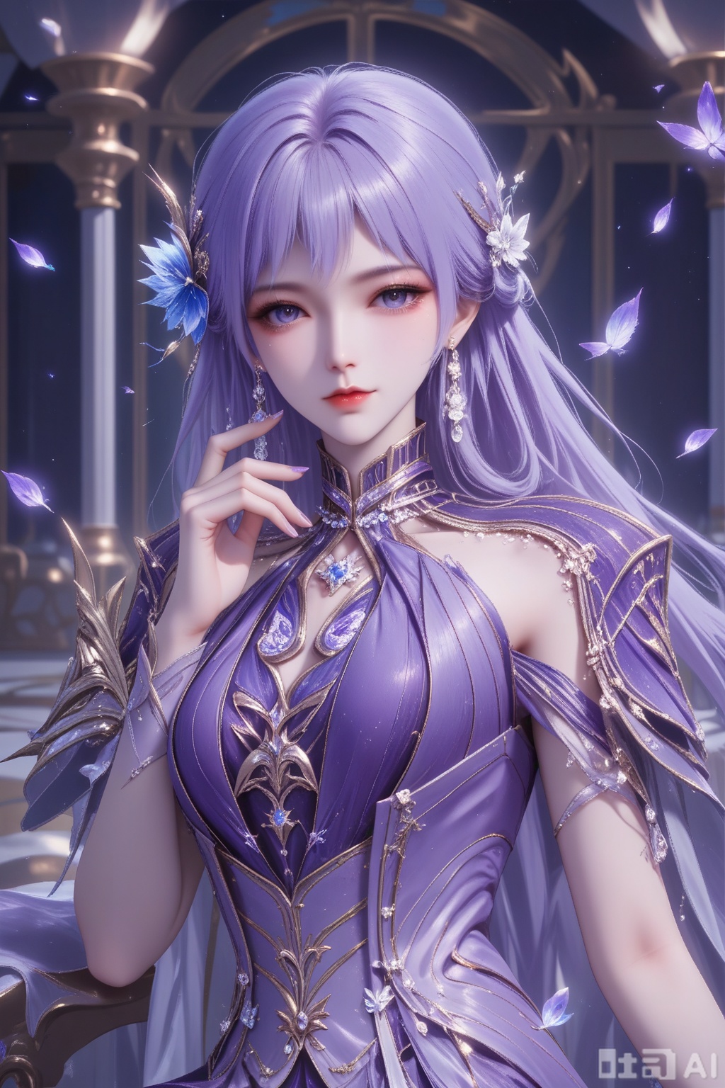 score_9,score_8_up,1girl, solo, long hair, looking at viewer, blue eyes, hair ornament, dress, jewelry, earrings, purple dress,Purple hair,Lavender hair,White hair,圣彩儿,