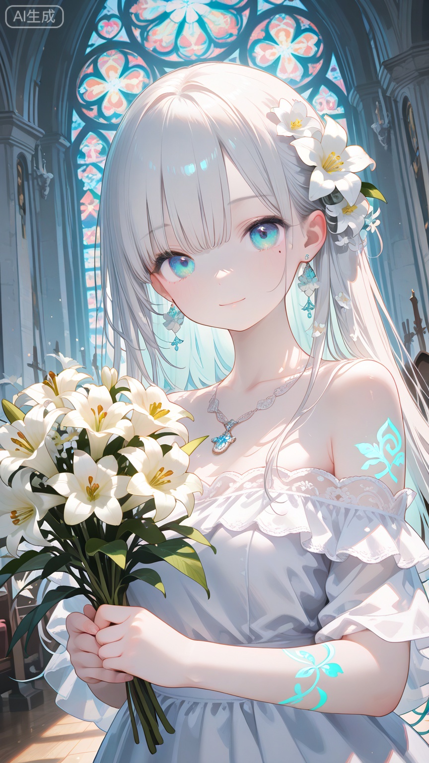 masterpiece, best quality, amazing quality, very aesthetic, absurdres, newest,overexposure,chromatic aberration,light,fair skin,pale skin, glowing tattoo,dutch angle,blurry_foreground, 1girl, flower, solo, hair ornament, dress, bouquet, stained glass, hair flower, holding bouquet, white dress, holding, looking at viewer, necklace, jewelry, church, white flower, virtual youtuber, lily (flower), earrings, closed mouth, bare shoulders, indoors, off-shoulder dress, aqua eyes, long hair, off shoulder, wedding dress, light smile, mole, blue eyes, upper body, collarbone, holding flower