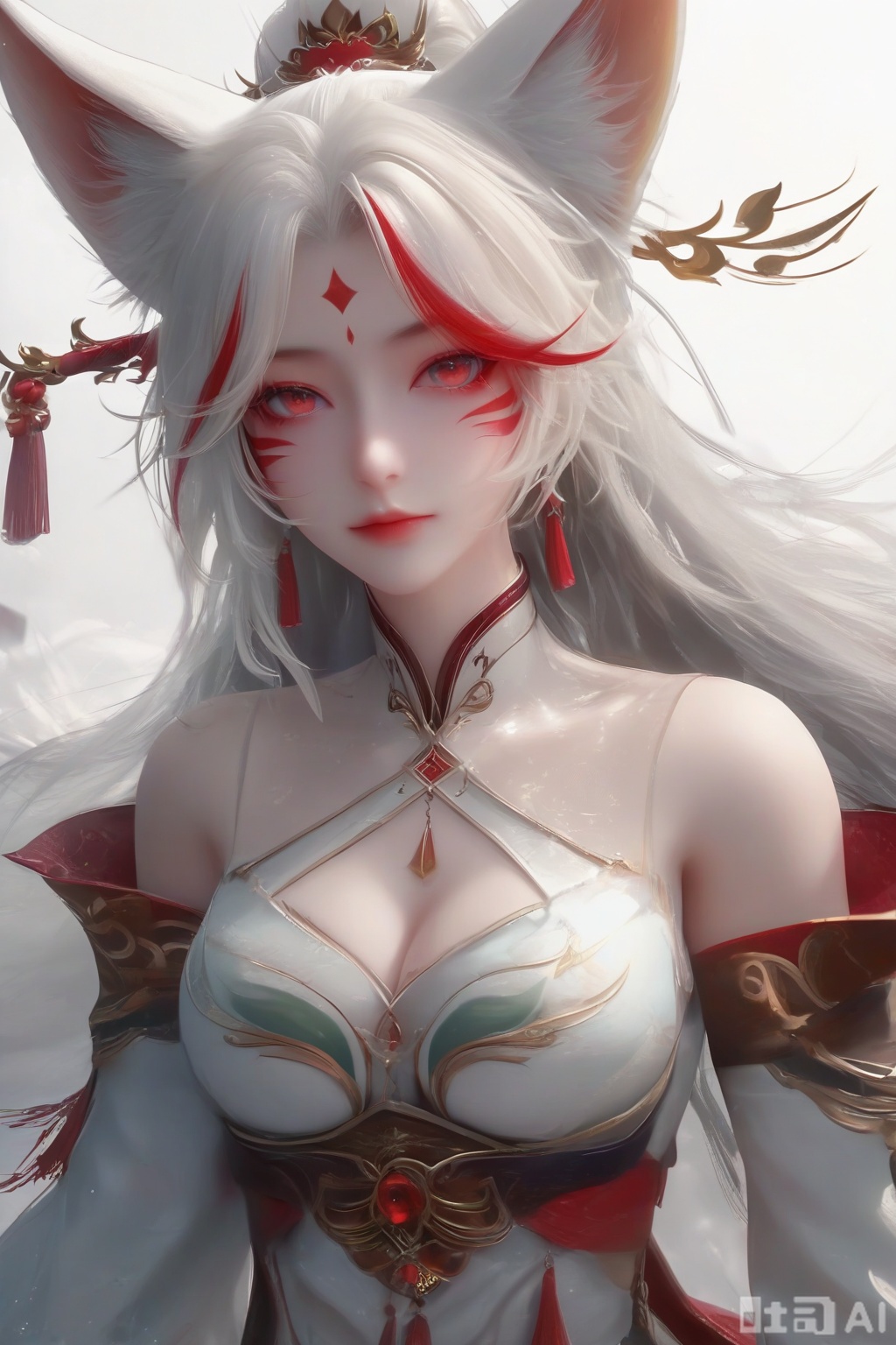 masterpiece, best quality, masterpiece,best quality,official art,extremely detailed CG unity 8k wallpaper, 1girl,solo,long hair,breasts,looking at viewer,hair ornament,dress,animal ears,cleavage,bare shoulders,jewelry,medium breasts,white hair,earrings,detached sleeves,nail polish,white dress,fox ears,facial mark,red nails,facial mark,whisker markings,streaked hair,facing viewer,faceoff,simple background,white background,portrait