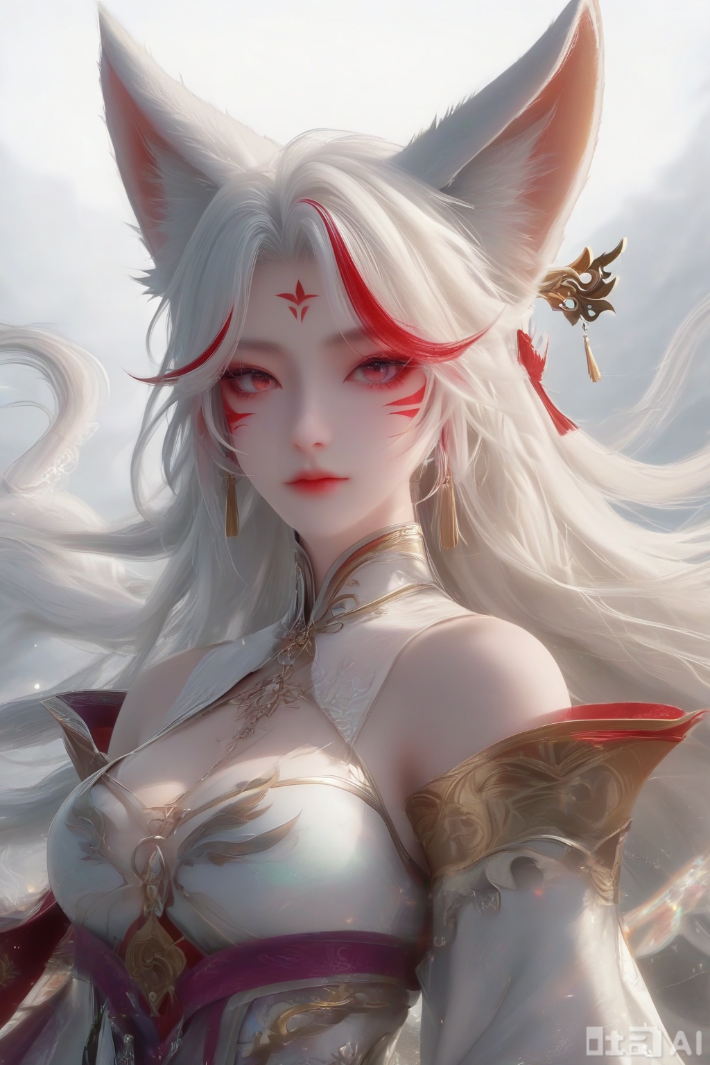masterpiece, best quality, masterpiece,best quality,official art,extremely detailed CG unity 8k wallpaper, 1girl,solo,long hair,breasts,looking at viewer,hair ornament,dress,animal ears,cleavage,bare shoulders,jewelry,medium breasts,white hair,earrings,detached sleeves,nail polish,white dress,fox ears,facial mark,red nails,facial mark,whisker markings,streaked hair,facing viewer,faceoff,simple background,white background,portrait
