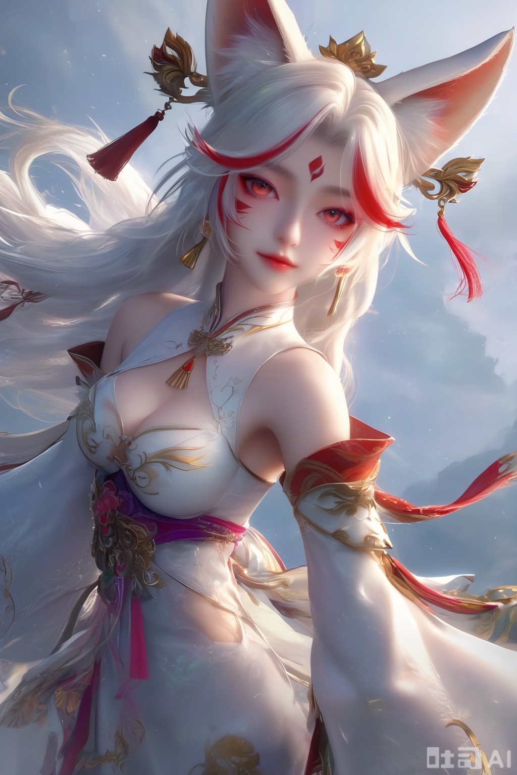 masterpiece, best quality, masterpiece,best quality,official art,extremely detailed CG unity 8k wallpaper, 1girl,solo,long hair,breasts,looking at viewer,hair ornament,dress,animal ears,cleavage,bare shoulders,jewelry,medium breasts,white hair,earrings,detached sleeves,nail polish,white dress,fox ears,facial mark,red nails,facial mark,whisker markings,streaked hair,facing viewer,faceoff,simple background,white background,full body,delicate feet,dainty feet,anklet,bell