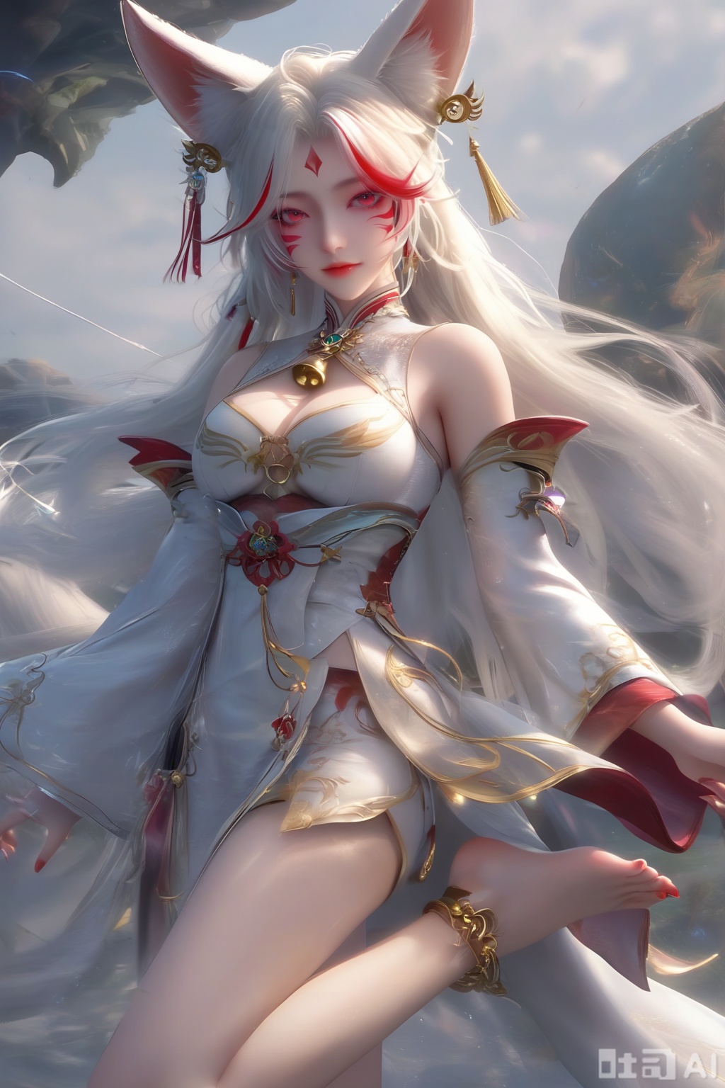 masterpiece, best quality, masterpiece,best quality,official art,extremely detailed CG unity 8k wallpaper, 1girl,solo,long hair,breasts,looking at viewer,hair ornament,dress,animal ears,cleavage,bare shoulders,jewelry,medium breasts,white hair,earrings,detached sleeves,nail polish,white dress,fox ears,facial mark,red nails,facial mark,whisker markings,streaked hair,facing viewer,faceoff,simple background,white background,full body,delicate feet,dainty feet,anklet,bell,leg lift
