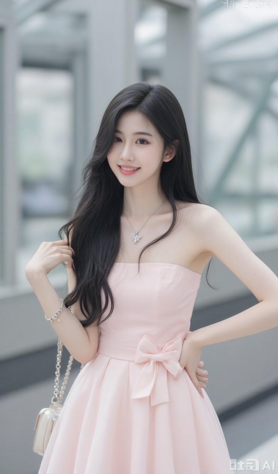 Photograph of an Asian woman with long, wavy black hair, wearing a pastel pink, strapless, A-line dress with a small bow on the left side. She has a fair complexion, light makeup, and is smiling with her hands on her hips. She wears a silver necklace with a butterfly pendant, a bracelet on her right wrist, and a chain purse on her left shoulder. The background is a blurred, modern indoor space with a glass ceiling and grey walls. The overall style is cute and elegant, with a focus on her youthful and cheerful appearance. The image has a watermark in the bottom right corner.