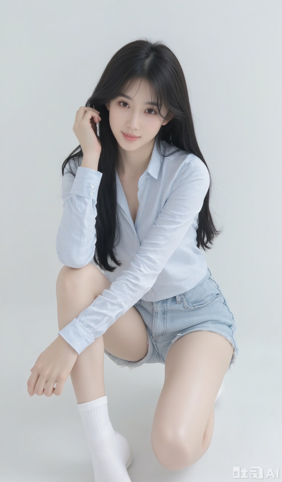 This is a high-resolution photo of an East Asian woman in her early twenties with fair skin and straight black hair cascading over her shoulders. She is squatting on the floor in a casual and relaxed pose, with her right knee bent and her left leg tucked beneath her. She is wearing a light blue and white striped long-sleeved shirt and matching shorts, revealing her slender legs. She has a small build and is wearing ankle-length white socks. Her expression is neutral, with a hint of a smile, and she is looking directly at the camera