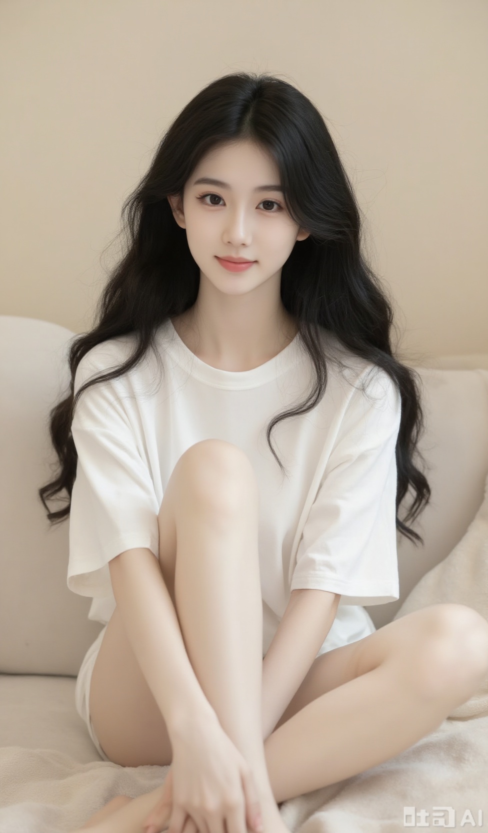 girl,This is a photo of a young Asian woman. Her skin is fair and delicate, and her long black curly hair cascades over her shoulders. She sits on a soft off-white sofa, with a plain light beige wall as the background, creating a warm and cozy indoor atmosphere. The woman appears to be in her early twenties, with a slender figure. She is wearing a simple and loose white T-shirt, seemingly bare-legged, exuding a relaxed and casual vibe. Her expression is calm, with a faint smile on her lips. Her almond-shaped big eyes look straight into the camera, and her light makeup enhances the contours of her eyes. She has a small and delicate nose, full lips slightly parted, and wears natural pink lipstick. Crossing her legs adds a touch of modern youthfulness to her overall look. In the background, the sofa she sits on is covered with a soft light-colored fabric, possibly a blanket or throw. The aesthetic of the entire photo is soft and intimate, focusing on the serene and natural beauty of the subject.