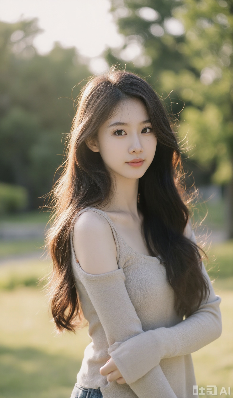 This image is a high resolution photo showing a young East Asian woman standing outdoors, most likely in a park or field. Shot in golden moments, soft and warm light shows this. She has light skin and long wavy chestnut brown hair that flows down her back and shoulders. Her hair looked soft and natural, with a hint of curl. She had a delicate heart-shaped face, a straight nose, and her plump pink lips slightly apart, showing a gentle smile. Her eyes are almond-shaped, warm brown, and the subtle makeup highlights their natural beauty.