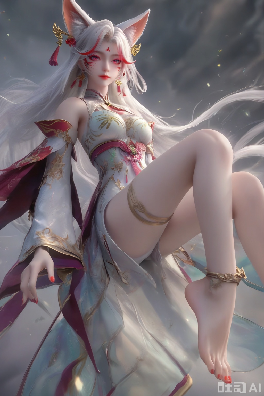 masterpiece, best quality, masterpiece,best quality,official art,extremely detailed CG unity 8k wallpaper, 1girl,solo,long hair,breasts,looking at viewer,hair ornament,dress,animal ears,cleavage,bare shoulders,jewelry,medium breasts,white hair,earrings,detached sleeves,nail polish,white dress,fox ears,facial mark,red nails,facial mark,whisker markings,streaked hair,facing viewer,faceoff,simple background,white background,full body,delicate feet,dainty feet,anklet,bell,leg lift,Barefoot,no shoes,