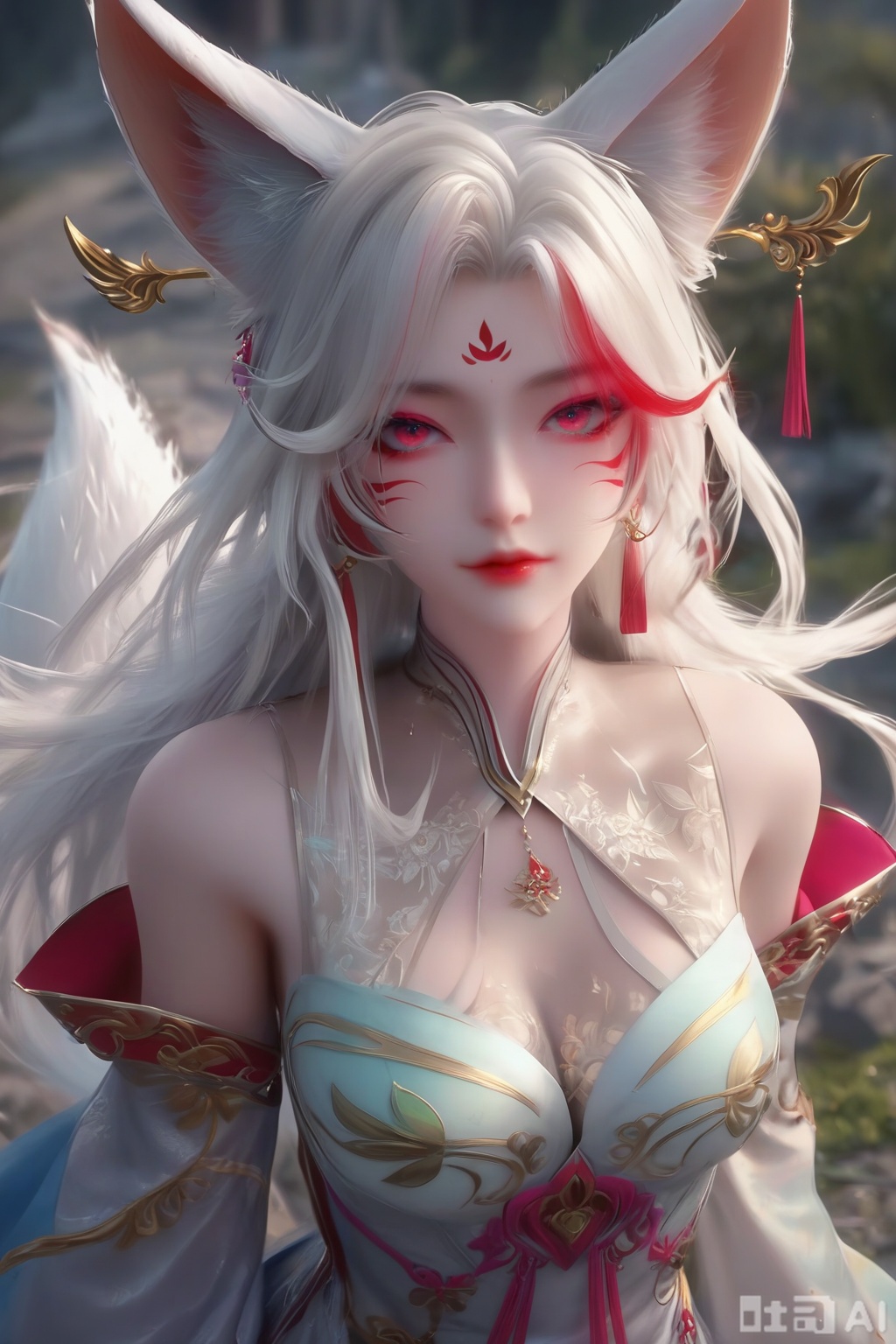 masterpiece, best quality, masterpiece,best quality,official art,extremely detailed CG unity 8k wallpaper, 1girl,long hair,breasts,looking at viewer,hair ornament,dress,animal ears,cleavage,bare shoulders,jewelry,medium breasts,white hair,earrings,detached sleeves,nail polish,white dress,fox ears,facial mark,red nails,facial mark,whisker markings,streaked hair,facing viewer,faceoff,simple background,white background,male_pov,erection,1boy,Erection of penis,(Penile friction:1.3),