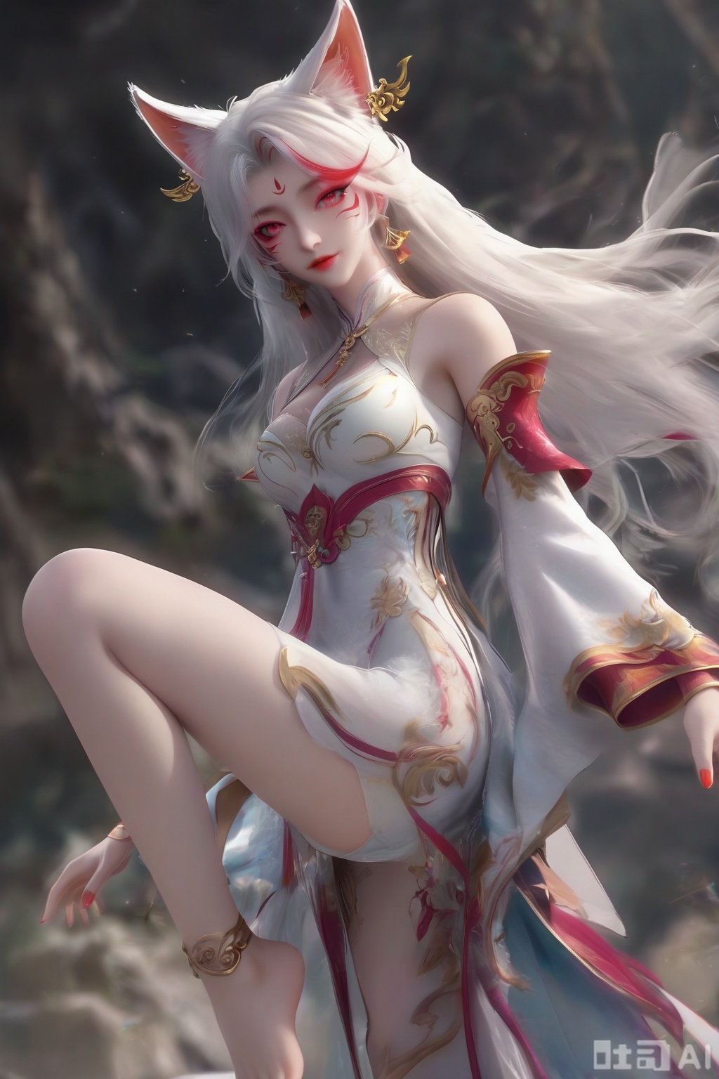 masterpiece, best quality, masterpiece,best quality,official art,extremely detailed CG unity 8k wallpaper, 1girl,solo,long hair,breasts,looking at viewer,hair ornament,dress,animal ears,cleavage,bare shoulders,jewelry,medium breasts,white hair,earrings,detached sleeves,nail polish,white dress,fox ears,facial mark,red nails,facial mark,whisker markings,streaked hair,facing viewer,faceoff,simple background,white background,full body,delicate feet,dainty feet,anklet,bell,leg lift,Barefoot