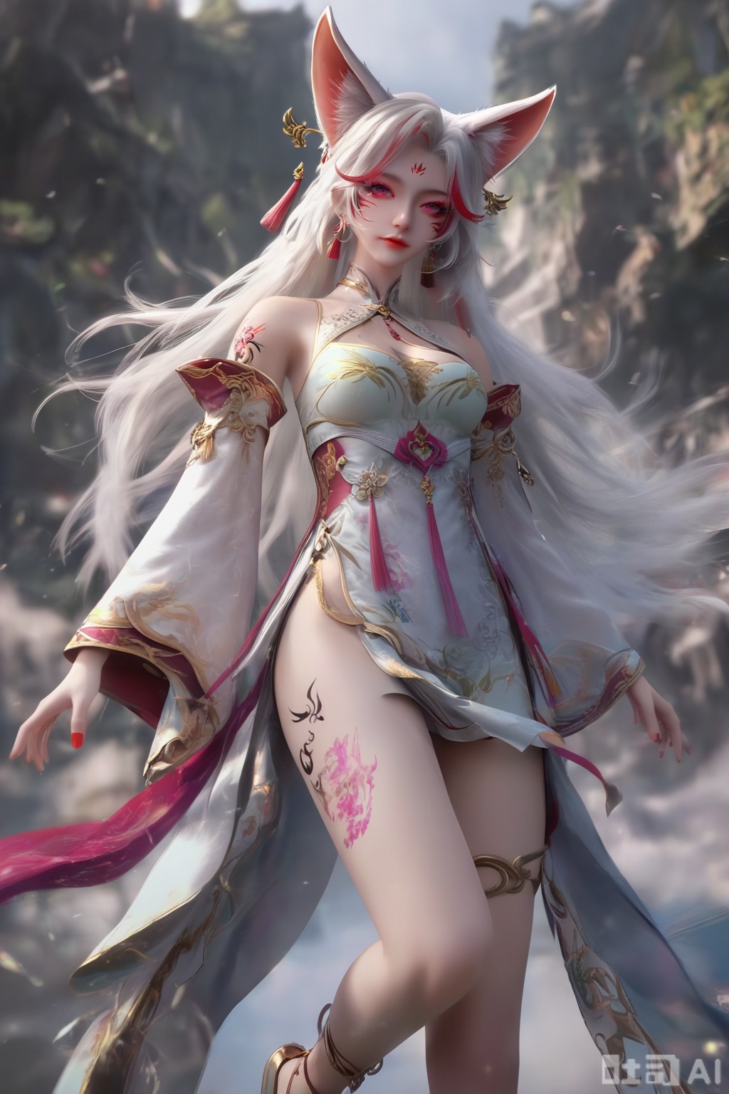 masterpiece, best quality, masterpiece,best quality,official art,extremely detailed CG unity 8k wallpaper, 1girl,solo,long hair,breasts,looking at viewer,hair ornament,dress,animal ears,cleavage,bare shoulders,jewelry,medium breasts,white hair,earrings,detached sleeves,nail polish,white dress,fox ears,facial mark,red nails,facial mark,whisker markings,streaked hair,facing viewer,faceoff,simple background,white background,full body,delicate feet,dainty feet,anklet,bell,leg lift,Barefoot,no shoes,tattoo,(leg tattoo:1.3),(Many tattoos on the legs:1.3),leg ribbon