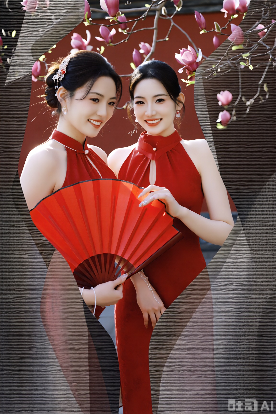 一位年轻女子,身着红色无袖中式旗袍,盘发造型,佩戴精致发饰和耳环,面带微笑,手持红色折扇,背景为红墙,半身照,有盛开的粉色玉兰花枝,画面光线明亮柔和,整体风格古典优雅。
人