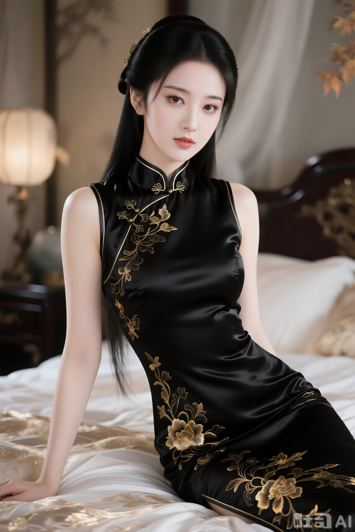 真人写真,古风,一位绝色美人,美人白梦妍,玉骨冰肌,眼睛宛若秋水一般,清澈、明亮,肌肤胜雪,黑发,绝美的容貌,完美的身材,黑色丝绸绣花紧身色旗袍,金丝刺绣,豪华卧室室内背景,朦胧美,完美构图,高清质量,32K