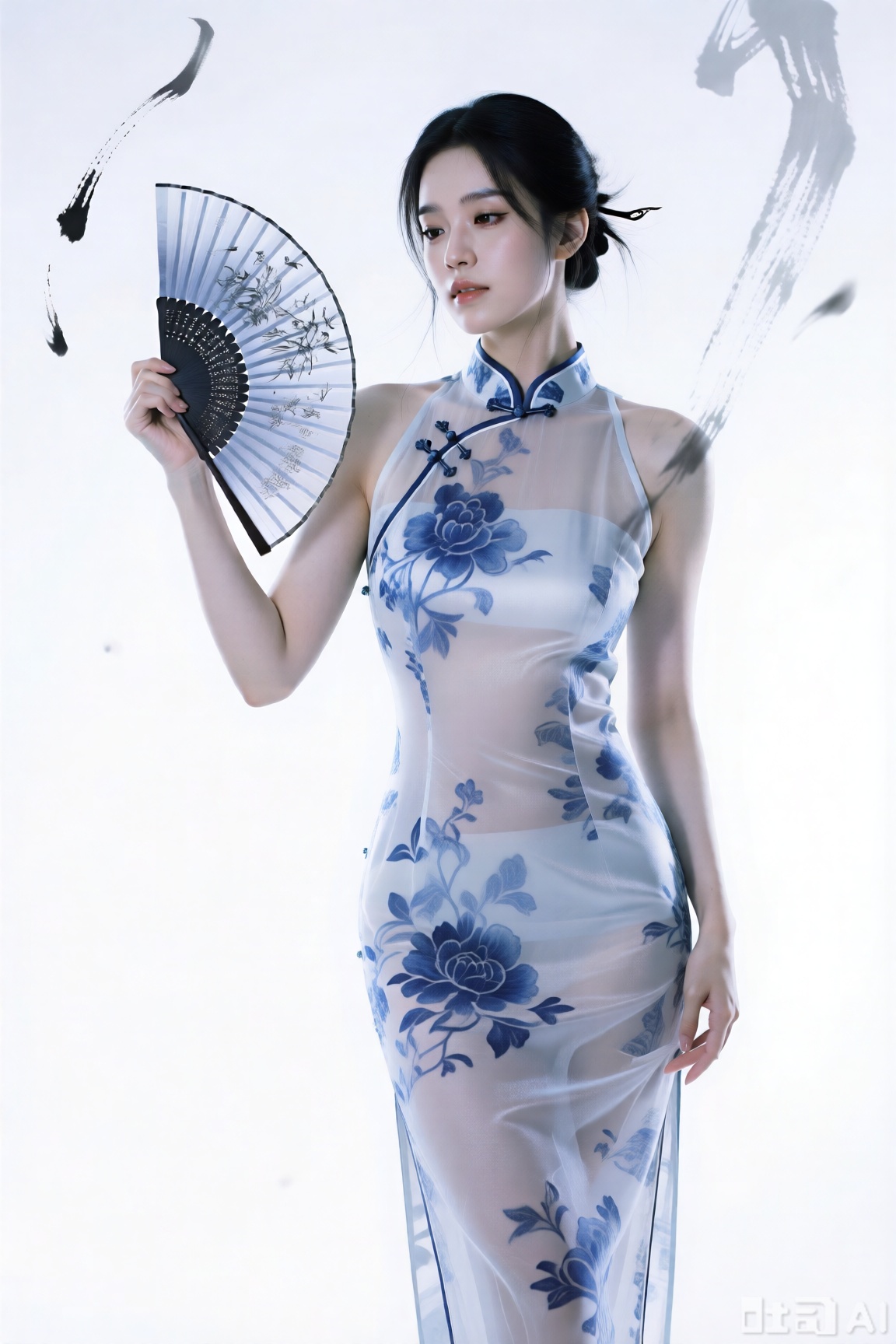 绝美仙子,冰肌玉骨,新中式改良雪纺紧身旗袍,旗袍上有青花图案,手拿折扇,洒脱,书法墨迹漂浮空中,白色画底为背景,妩媚与清冷感并存,场景充满诡异的宁静与压迫感,写实摄影风格,32k分辨率,冷色调,新中式简约风,视觉冲击力