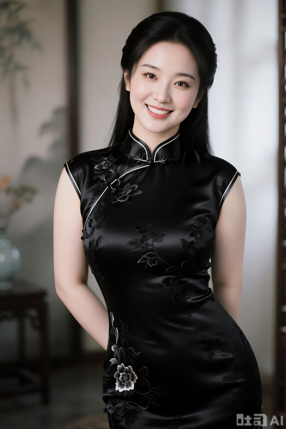 真人写真,古风,一位绝色美人,成熟大方,微笑直视镜头,微胖,美人白梦妍,玉骨冰肌,眼睛宛若秋水一般,清澈、明亮,肌肤胜雪,黑发,绝美的容貌,完美的身材全身,高挑的身材,紧身亮黑色绣花旗袍,室内背景,朦胧美,完美构图,高清质量,32K
