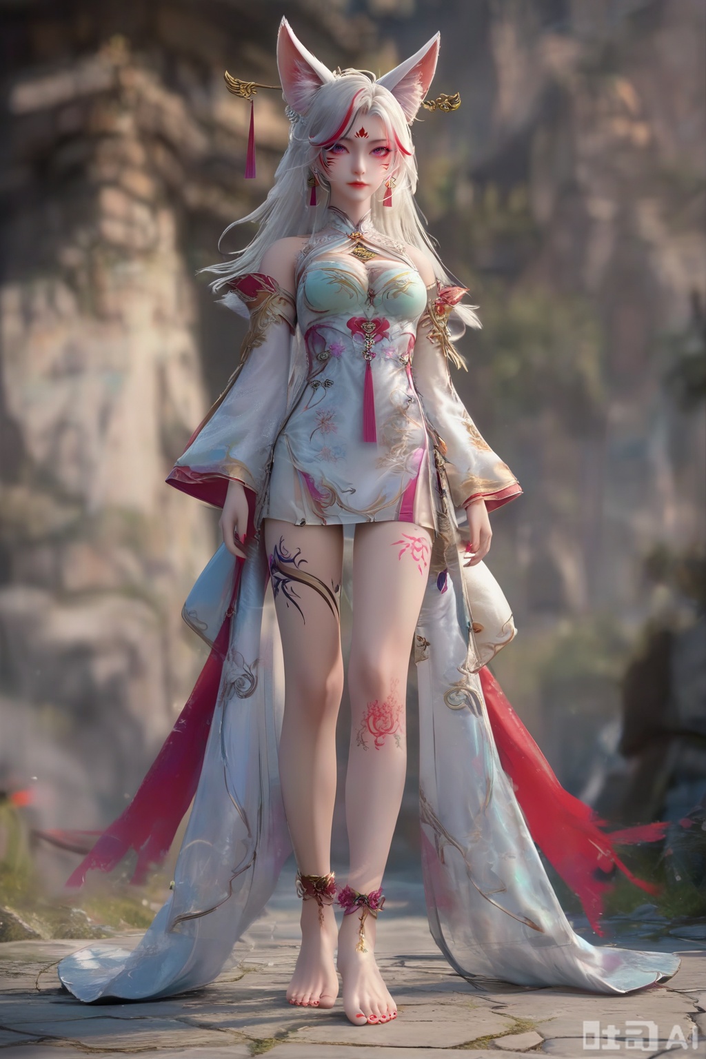 masterpiece, best quality, masterpiece,best quality,official art,extremely detailed CG unity 8k wallpaper, 1girl,solo,long hair,breasts,looking at viewer,hair ornament,dress,animal ears,cleavage,bare shoulders,jewelry,medium breasts,white hair,earrings,detached sleeves,nail polish,white dress,fox ears,facial mark,red nails,facial mark,whisker markings,streaked hair,facing viewer,faceoff,simple background,white background,blurry background,full body,delicate feet,dainty feet,anklet,bell,Barefoot,no shoes,tattoo,(leg tattoo:1.3),(Many tattoos on the legs:1.3),Thigh Tattoo,Calf Tattoo,standing,hands