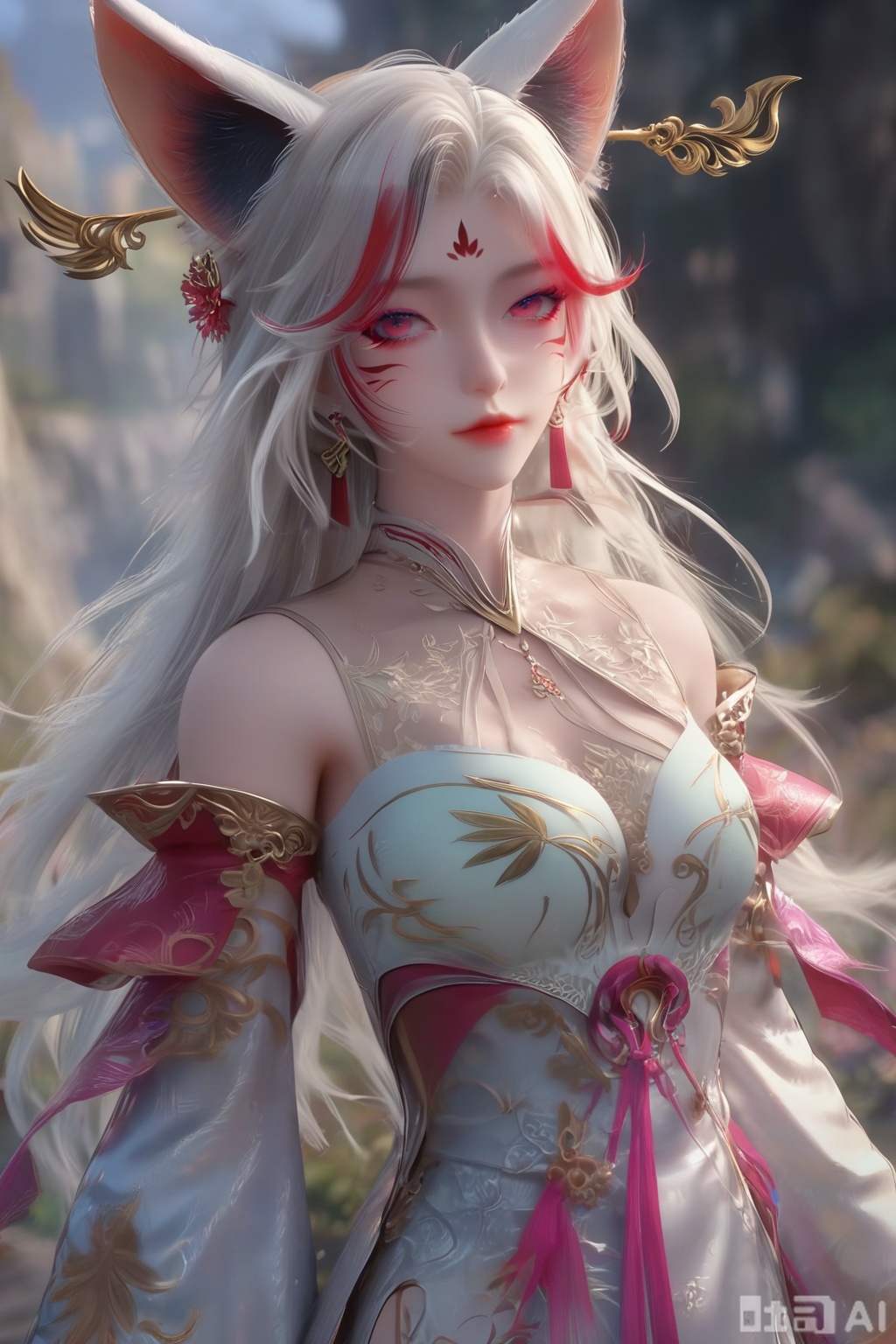 masterpiece, best quality, masterpiece,best quality,official art,extremely detailed CG unity 8k wallpaper, 1girl,solo,long hair,breasts,looking at viewer,hair ornament,dress,animal ears,cleavage,bare shoulders,jewelry,medium breasts,white hair,earrings,detached sleeves,nail polish,white dress,fox ears,facial mark,red nails,facial mark,whisker markings,streaked hair,facing viewer,faceoff,simple background,white background,blurry background,upper body