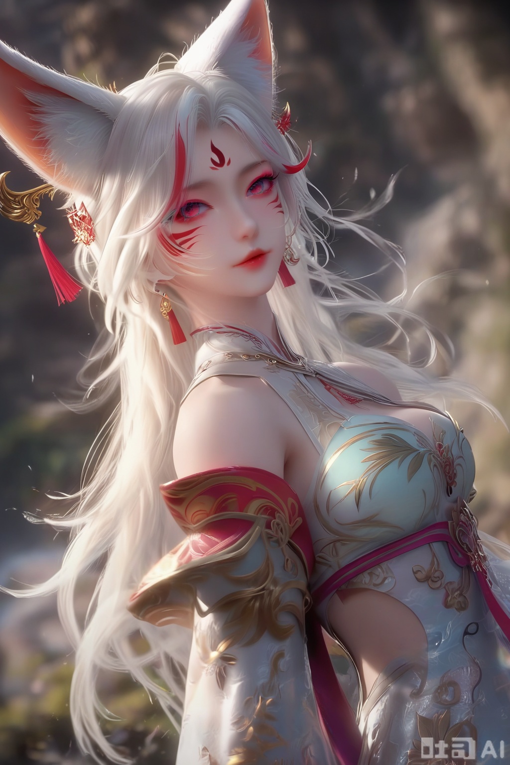 masterpiece, best quality, masterpiece,best quality,official art,extremely detailed CG unity 8k wallpaper, 1girl,solo,long hair,breasts,looking at viewer,hair ornament,dress,animal ears,cleavage,bare shoulders,jewelry,medium breasts,white hair,earrings,detached sleeves,nail polish,white dress,fox ears,facial mark,red nails,facial mark,whisker markings,streaked hair,facing viewer,faceoff,simple background,white background,blurry background,upper body