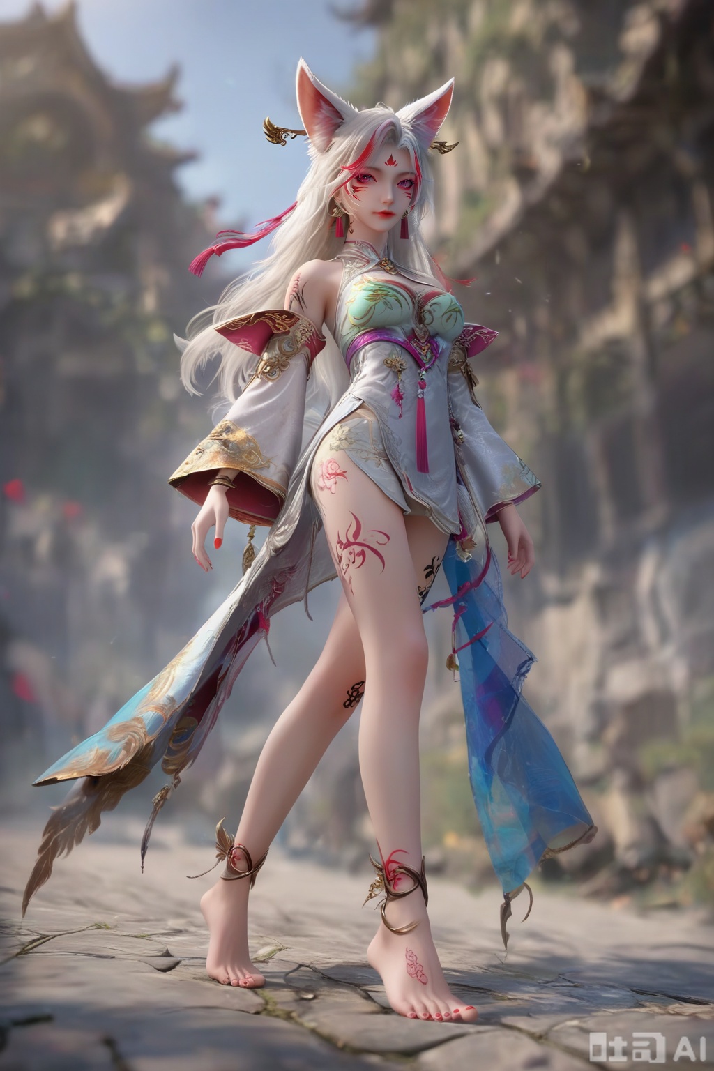 masterpiece, best quality, masterpiece,best quality,official art,extremely detailed CG unity 8k wallpaper, 1girl,solo,long hair,breasts,looking at viewer,hair ornament,dress,animal ears,cleavage,bare shoulders,jewelry,medium breasts,white hair,earrings,detached sleeves,nail polish,white dress,fox ears,facial mark,red nails,facial mark,whisker markings,streaked hair,facing viewer,faceoff,simple background,white background,blurry background,full body,delicate feet,dainty feet,anklet,bell,Barefoot,no shoes,tattoo,(leg tattoo:1.3),(Many tattoos on the legs:1.3),Thigh Tattoo,Calf Tattoo,standing,hands