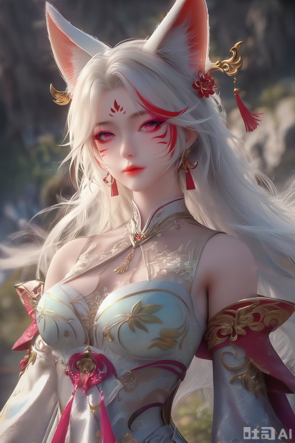 masterpiece, best quality, masterpiece,best quality,official art,extremely detailed CG unity 8k wallpaper, 1girl,solo,long hair,breasts,looking at viewer,hair ornament,dress,animal ears,cleavage,bare shoulders,jewelry,medium breasts,white hair,earrings,detached sleeves,nail polish,white dress,fox ears,facial mark,red nails,facial mark,whisker markings,streaked hair,facing viewer,faceoff,simple background,white background,blurry background,upper body