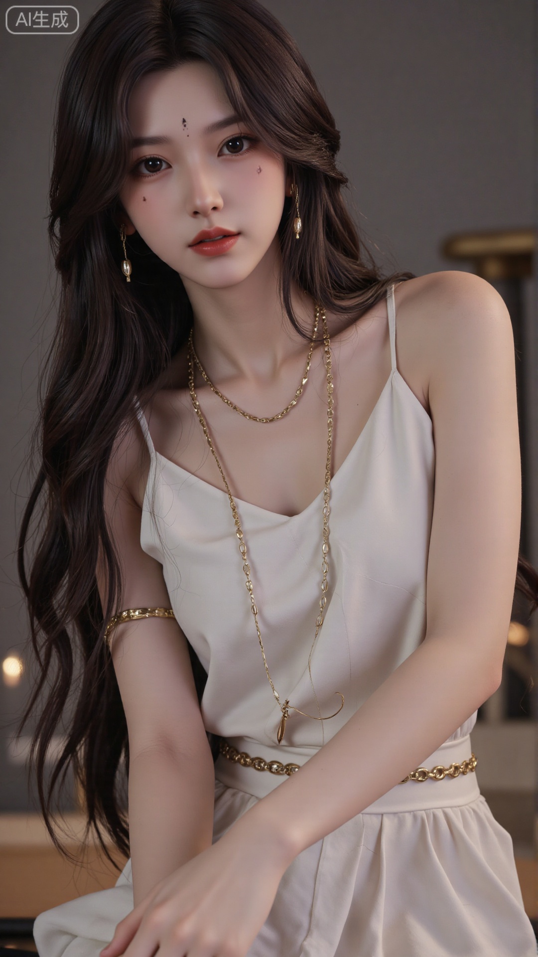 1girl, solo, long hair, breasts, looking at viewer, smile, bangs, dress, bare shoulders, jewelry, sitting, very long hair, closed mouth, white dress, bracelet, Light, shadow
,best quality,depth of field,cinematic lighting,light particles,impactful picture,offcial art,movie perspective,high quality,extremely detailed,High Detail,(Tyndall Effect 1.4),cover art,extreme aesthetic,masterpiece,best quality,good quality,newest,Visual impact,32K UHD,sharp focus