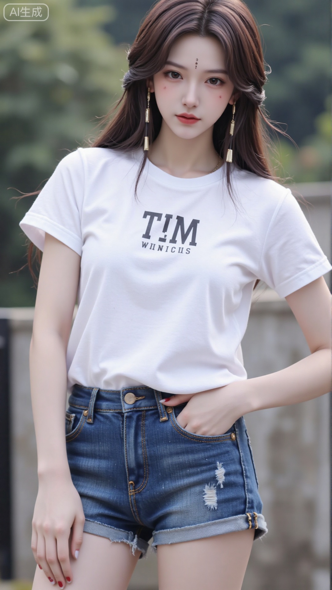 White t-shirt with ”Tim_Yi“ written on it, jeans shorts,1girl