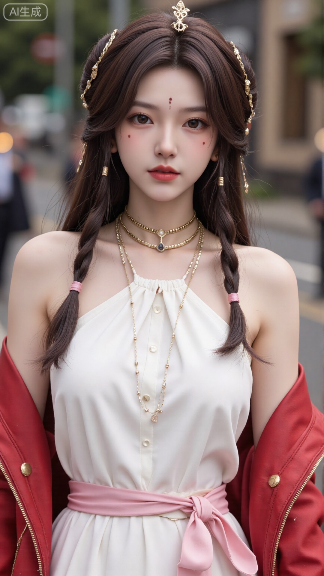 1girl,solo,jewelry,flower,hair flower,hair ornament,necklace,realistic,brown eyes,looking at viewer,dress,blurry background,twin braids,blurry,white dress,long hair,upper body,breasts,pink bow,red jacket,bare shoulders,lips,collarbone,outdoors,cleavage,large natural breast,soft breasts,huge Breasts
