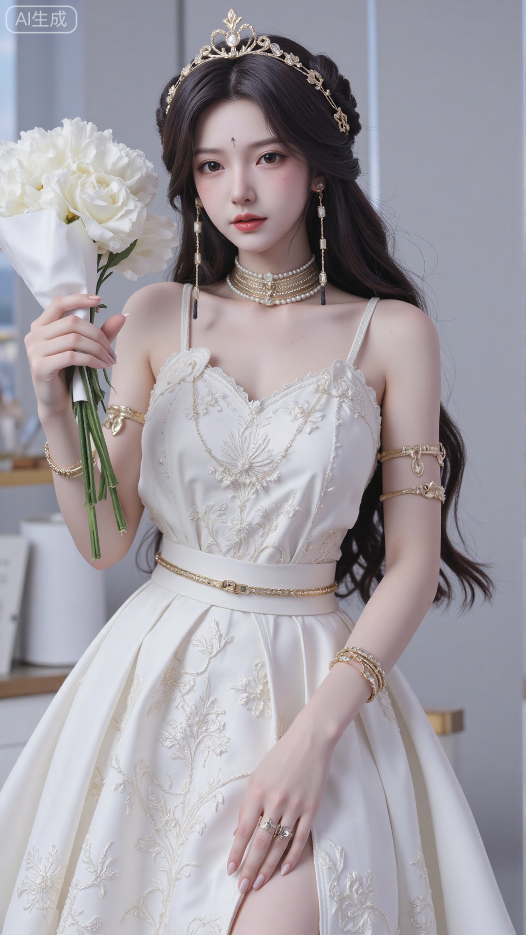 1girl, white wedding dress,looking at viewer, mischevious smile, perfect body, scenery, sharp focus, best quality, masterpiece, detailed outfit, illustration, perfect eyes, finely detailed beautiful anime eyes, realistic skin, intricate details, best lighting, depth of field, ultra high resolution, cowboy_shot, bride