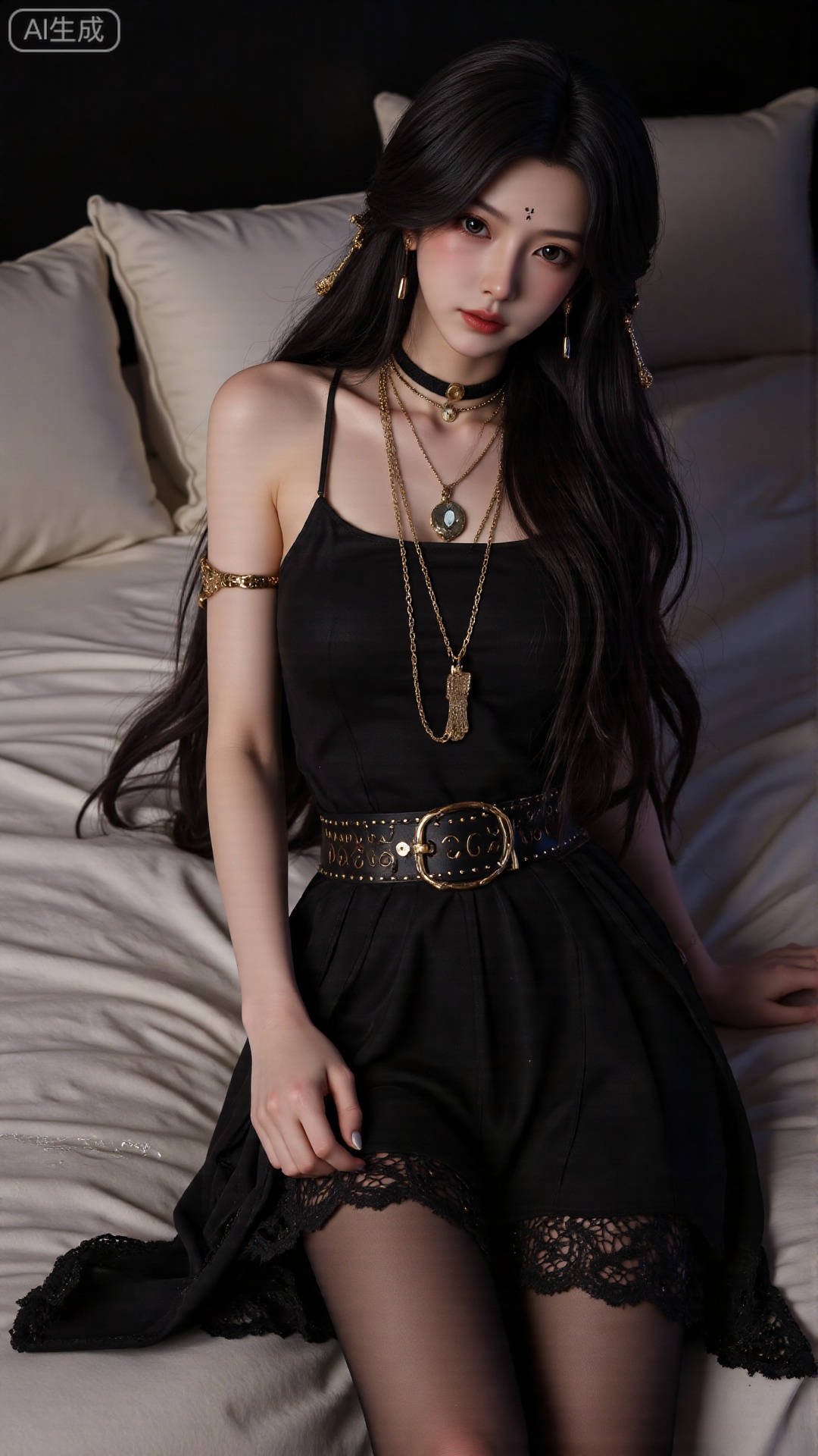 1girl, solo,Long hair, black hair, blue eyes, black nightgown, black lace stockings, bare shoulders, leaning against the pillow, with a sad expression, in bed, at night, white moonlight shining on the body, .(all body) (Show whole body),(all body),(artist:quasarcake:0.8),extreme aesthetic,(wlop:0.6),masterpiece,best quality,good quality,newest,very aesthetic,absurdres,Visual impact,A shot with tension, ultra-high resolution,32K UHD,sharp focus,best-quality,masterpiece,Emotionalization,unconventional supreme masterpiece,masterful details,temperate atmosphere,with a high-end texture,in the style of fashion photography, (Visual impact:1.2),visually striking appearance,impactful picture,offcial art,colorful,splash of color,movie perspective, masterpiece,best quality,amazing quality,very aesthetic,absurdres,best quality,newest
