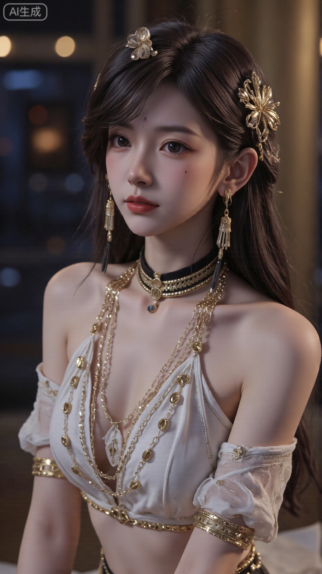  a asian woman, sexy long hair, blue eyes, charming and seductive temperament, distant close-up, golden ratio, movie texture, minimalism, high-end feeling, strong contrast between cold and warm, outdoor scenes, 