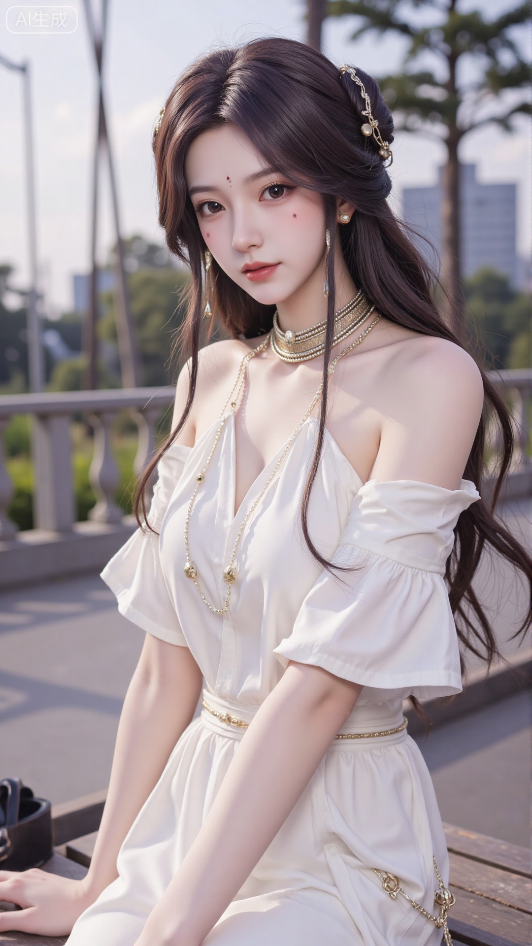 1girl, white wedding dress,looking at viewer, mischevious smile, perfect body, scenery, sharp focus, best quality, masterpiece, detailed outfit, illustration, perfect eyes, finely detailed beautiful anime eyes, realistic skin, intricate details, best lighting, depth of field, ultra high resolution, cowboy_shot, bride
