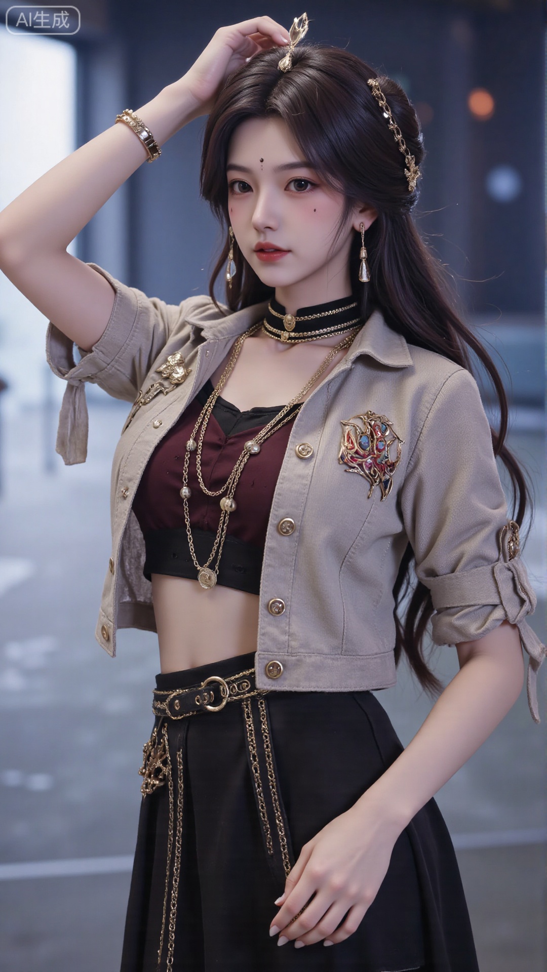 1girl, mischevious smile, perfect body, scenery, sharp focus, best quality, masterpiece, detailed outfit, illustration, perfect eyes, finely detailed beautiful anime eyes, realistic skin, intricate details, best lighting, depth of field, ultra high resolution,cowboy_shot