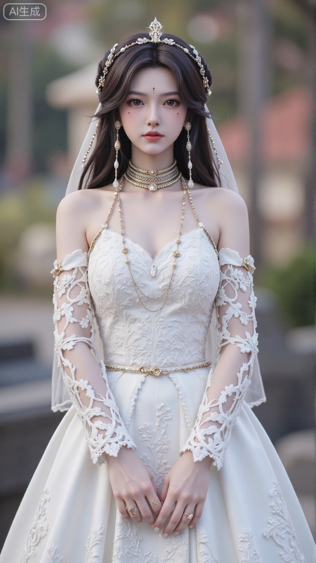 1girl, white wedding dress,looking at viewer, mischevious smile, perfect body, scenery, sharp focus, best quality, masterpiece, detailed outfit, illustration, perfect eyes, finely detailed beautiful anime eyes, realistic skin, intricate details, best lighting, depth of field, ultra high resolution, cowboy_shot, bride