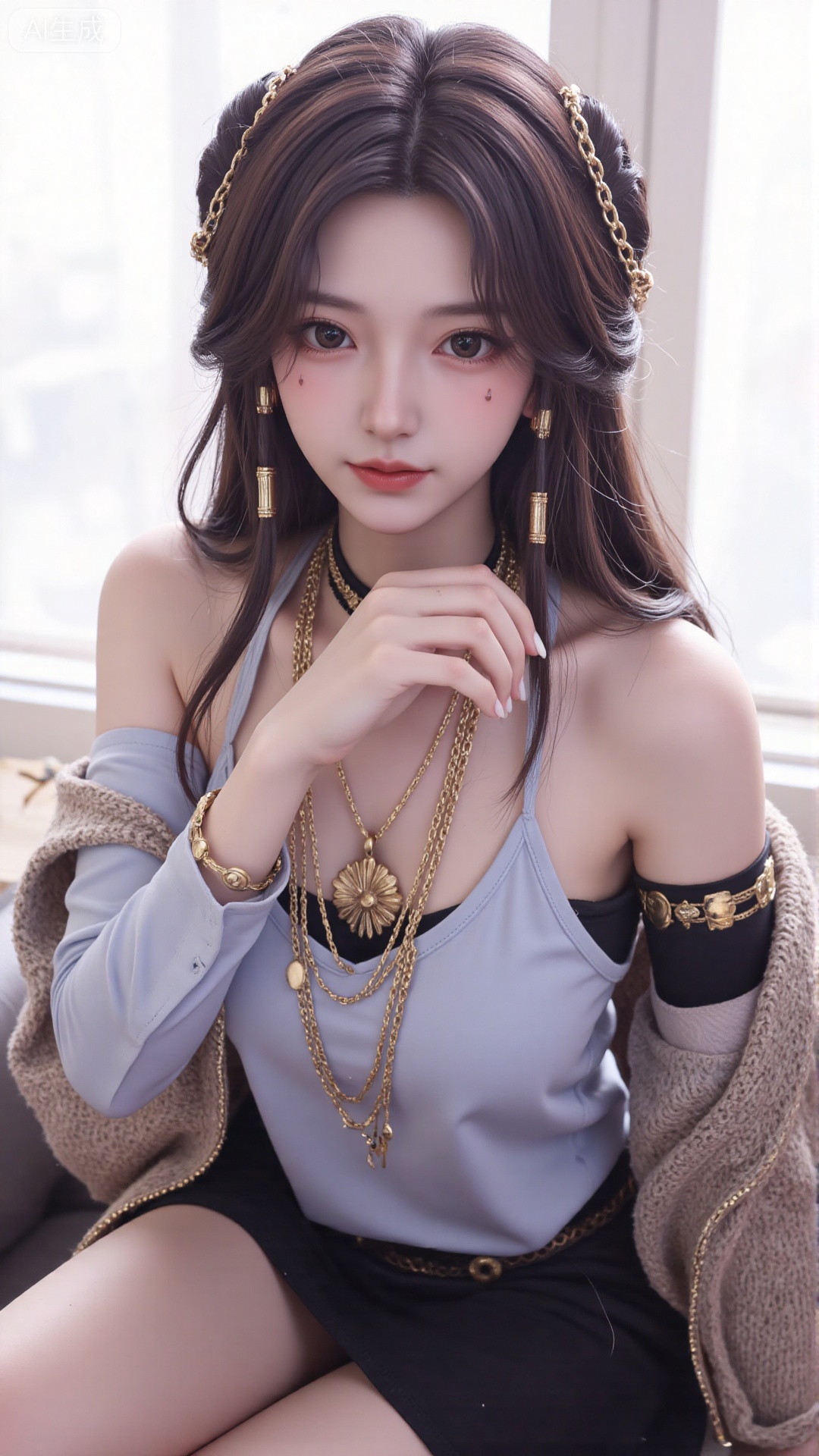 1girl, solo, long hair, looking at viewer, smile, sitting, collarbone, off shoulder, sweater, messy hair, realistic