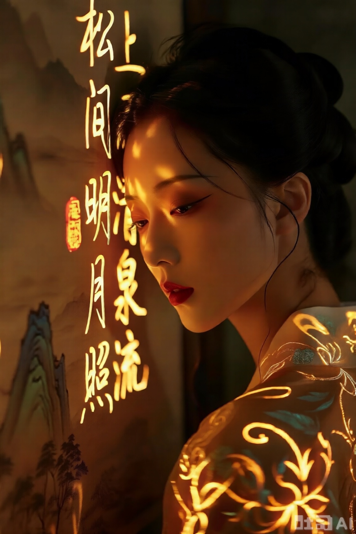古风人物妆容精致,身着带发光花纹衣物,侧头贴近墙面,墙面微光流转,浮现“松间明月照,石上清泉流” 的细腻文字（没有其它文字）,暖黄色霓虹发光墨色字体似浸了月华,与人物衣上缠枝纹相映。暗调里既有诗中山水的清旷,又含人物温润风骨,氛围感如古卷缓缓展开。与环境光交融,背景偏暗,氛围感拉满。中景镜头,文字光斑
