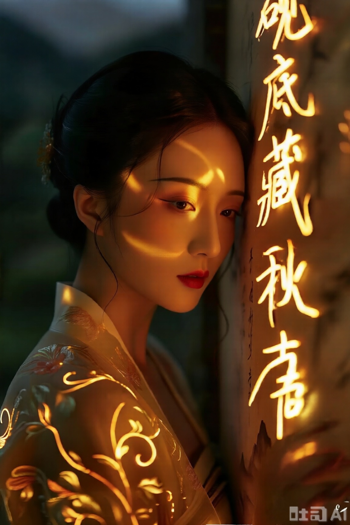古风人物妆容精致,身着带发光花纹衣物,侧头贴近墙面,墙面微光流转,浮现“砚底藏秋声” 的细腻文字（没有其它文字）,暖黄色霓虹发光墨色字体似浸了月华,与人物衣上缠枝纹相映。暗调里既有诗中山水的清旷,又含人物温润风骨,氛围感如古卷缓缓展开。与环境光交融,背景偏暗,氛围感拉满。文字光斑