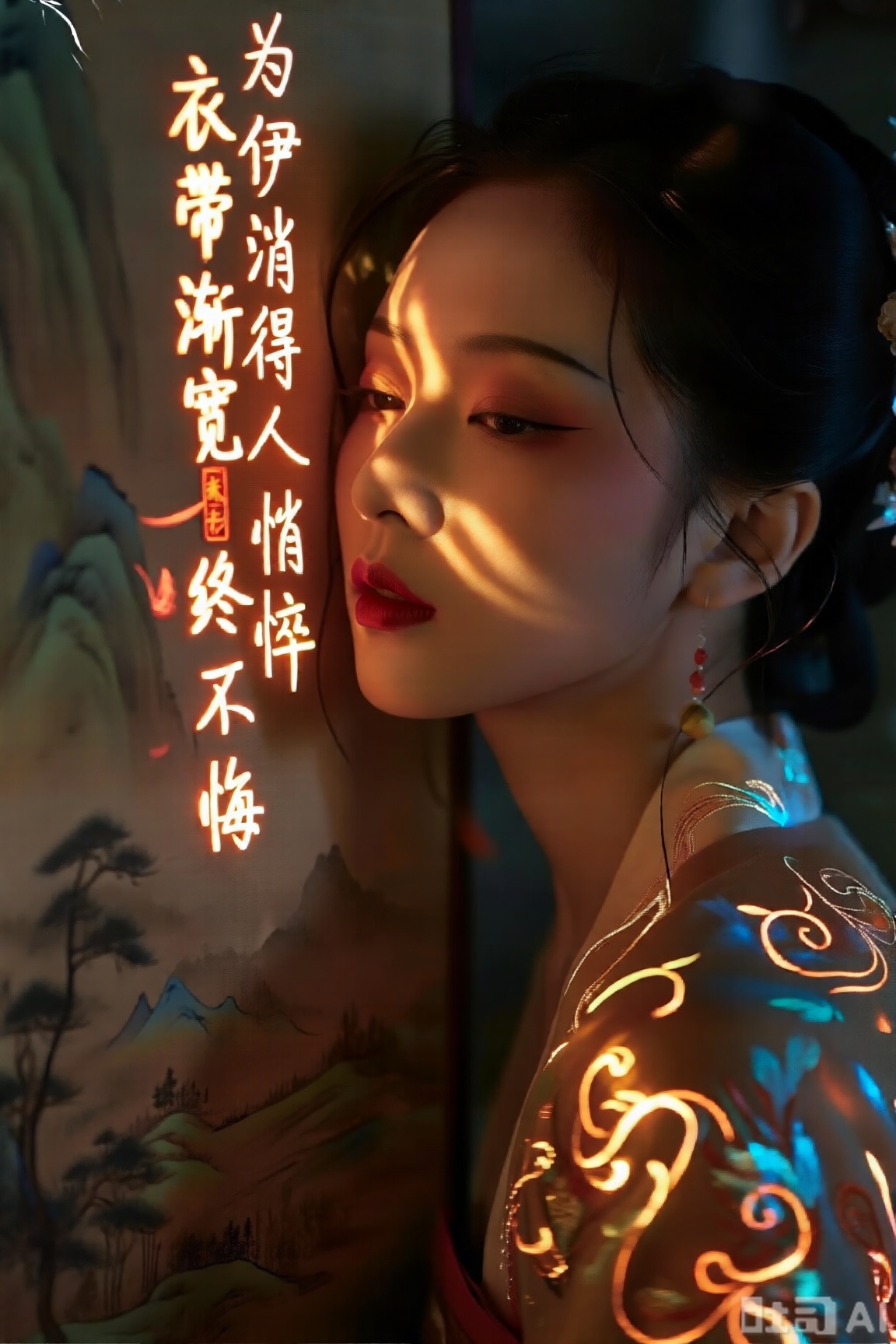 古风人物妆容精致,身着带发光花纹衣物,侧头贴近墙面,墙面微光流转,浮现“为伊消得人憔悴,衣带渐宽终不悔” 的诗句文字（没有其它文字）,霓虹发光墨色字体似浸了月华,与人物衣上缠枝纹相映。暗调里既有诗中山水的清旷,又含人物温润风骨,氛围感如古卷缓缓展开。与环境光交融,背景偏暗,氛围感拉满。文字光斑