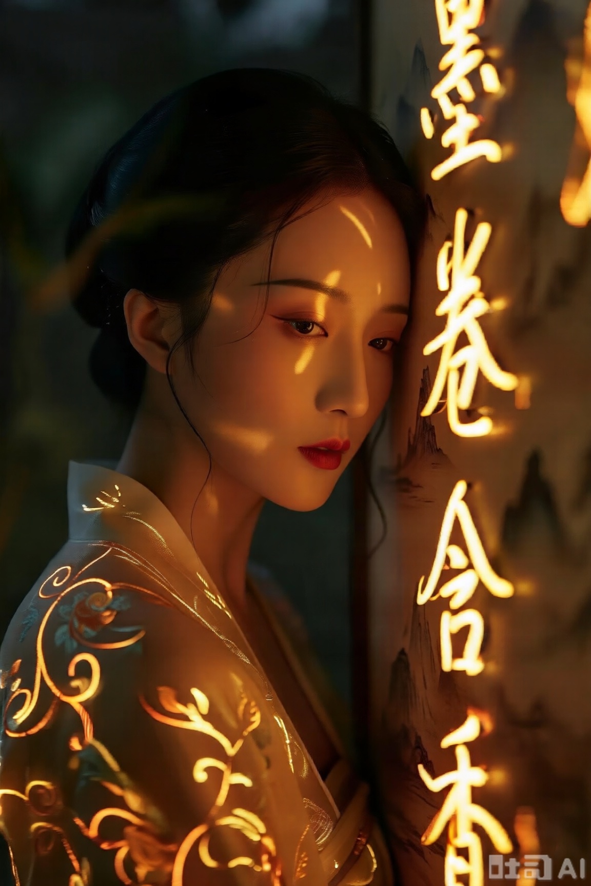 古风人物妆容精致,身着带发光花纹衣物,侧头贴近墙面,墙面微光流转,浮现“墨卷含香” 的文字（没有其它文字）,暖黄色霓虹发光墨色字体似浸了月华,与人物衣上缠枝纹相映。暗调里既有诗中山水的清旷,又含人物温润风骨,氛围感如古卷缓缓展开。与环境光交融,背景偏暗,氛围感拉满。文字光斑