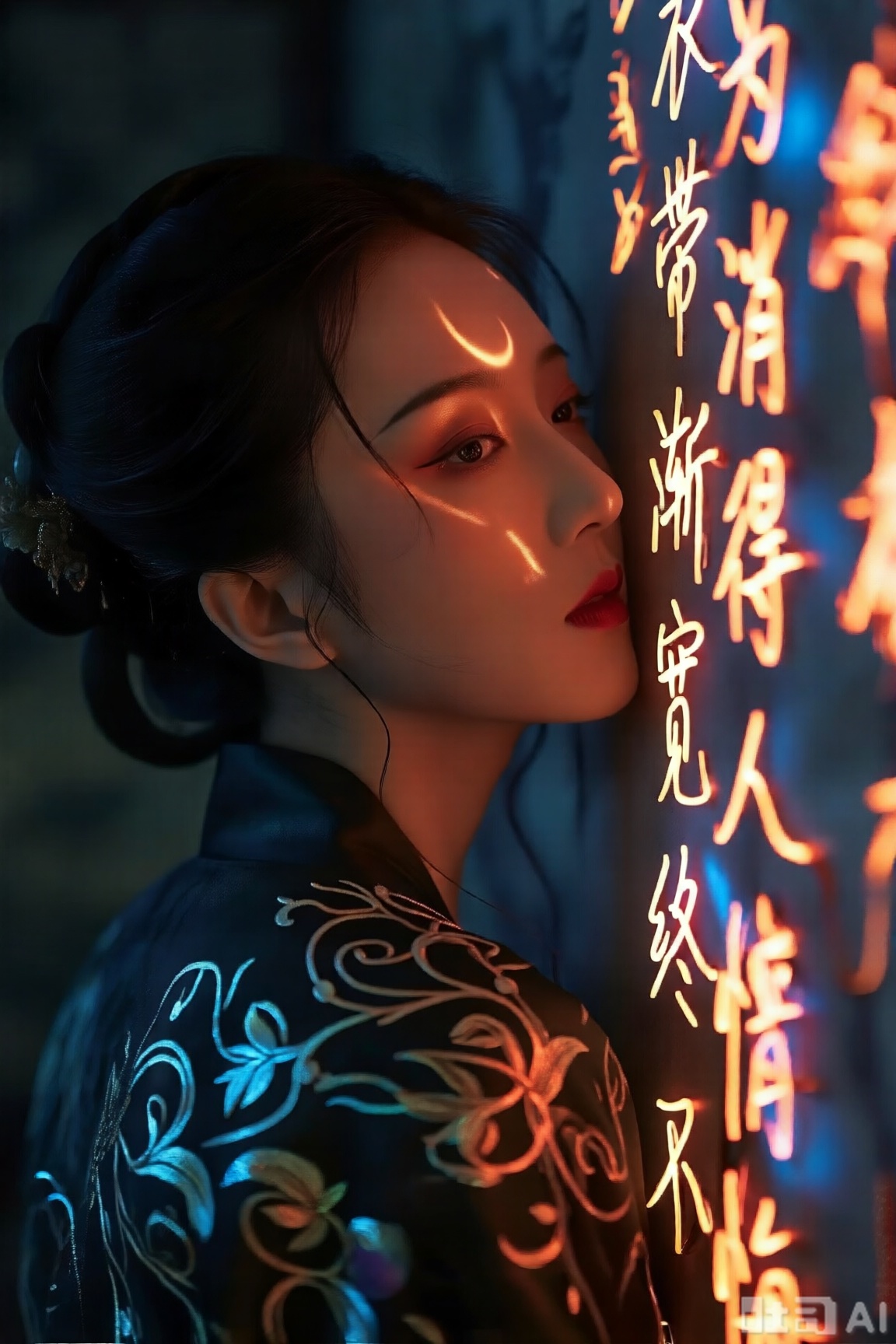 古风人物妆容精致,身着带发光花纹衣物,侧头贴近墙面,墙面微光流转,浮现“为伊消得人憔悴,衣带渐宽终不悔” 的诗句文字（没有其它文字）,霓虹发光墨色字体似浸了月华,与人物衣上缠枝纹相映。暗调里既有诗中山水的清旷,又含人物温润风骨,氛围感如古卷缓缓展开。与环境光交融,背景偏暗,氛围感拉满。文字光斑