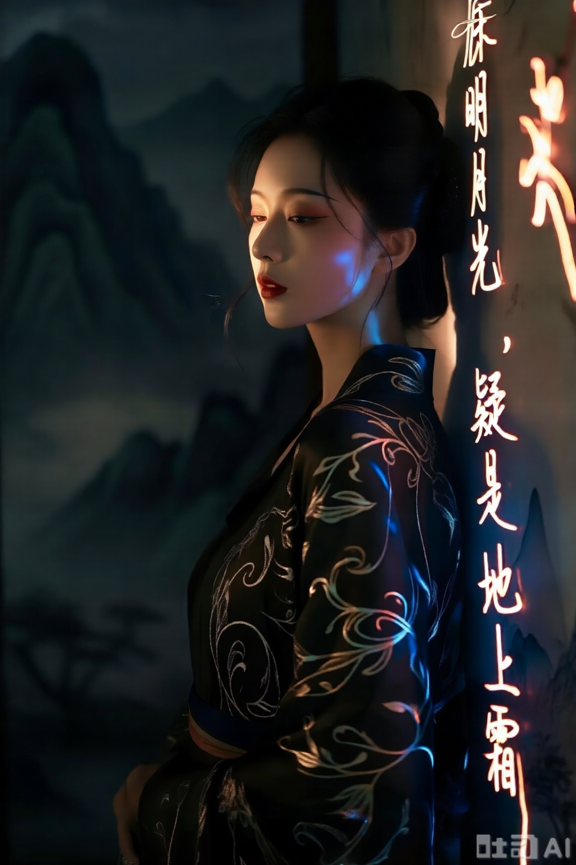 古风人物妆容精致,身着带发光花纹衣物,侧头贴近墙面,墙面微光流转,浮现“床前明月光,疑是地上霜” 的诗句（没有其它）,霓虹发光墨色字体似浸了月华,与人物衣上缠枝纹相映。暗调里既有诗中山水的清旷,又含人物温润风骨,氛围感如古卷缓缓展开。与环境光交融,背景偏暗,氛围感拉满。文字光斑